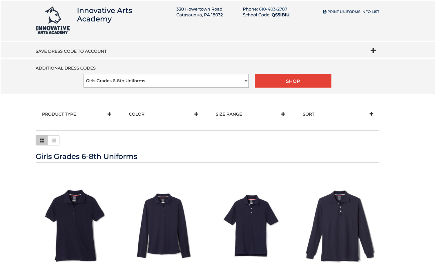 Picture of Innovative Arts Academy French Toast website to order clothes, picture is linked to French Toast website to order